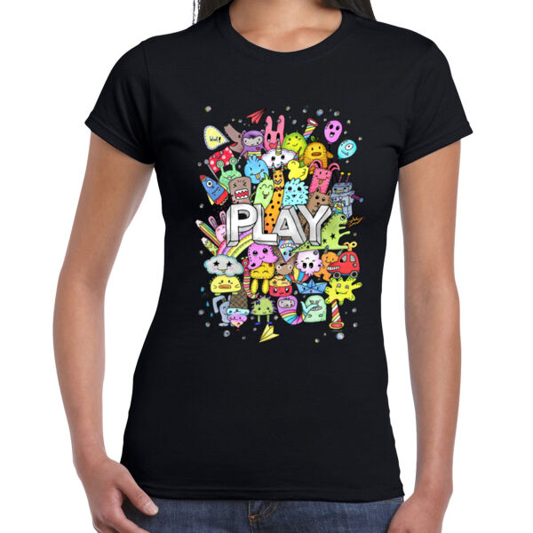 Doodle Monsters Play - Ladies Premium Cotton Tee Thumbnail